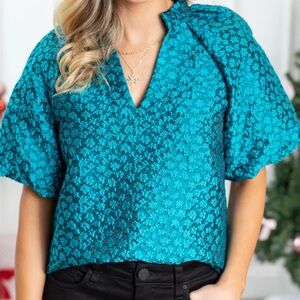 NWT THML Teal Puff Sleeve Blouse with Jacquard Pattern